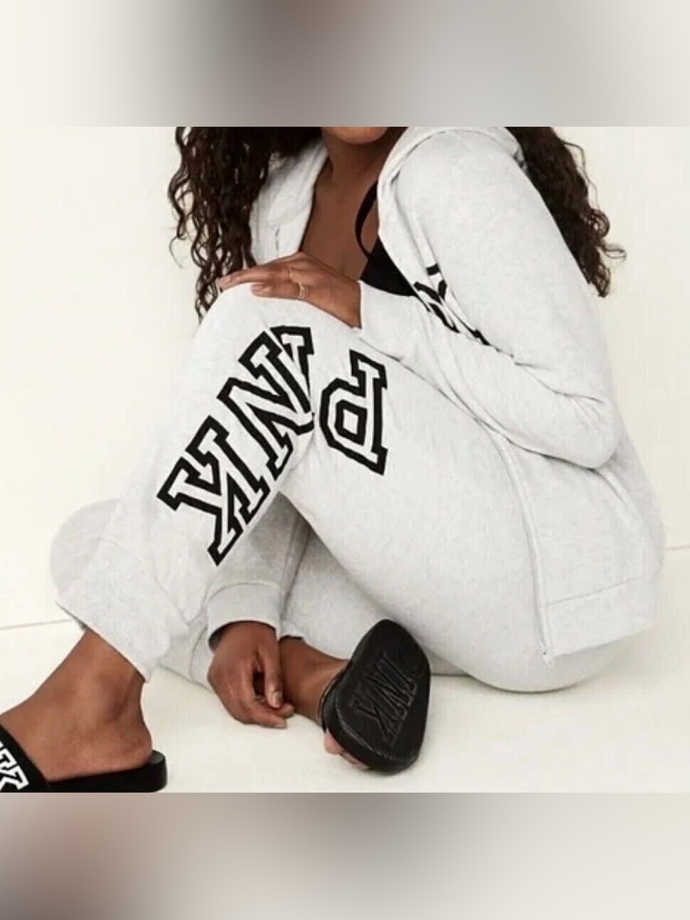 PINK Victoria's Secret Light Gray Logo Jogger Sweatpants with Black Lettering